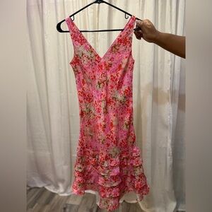 Ann Taylor women’s vintage pink floral ruffle silk dress size 2